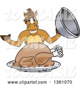 Vector Illustration of a Cartoon Stallion School Mascot Serving a Thanksgiving Turkey by Mascot Junction