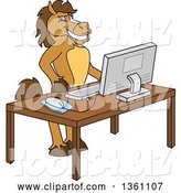 Vector Illustration of a Cartoon Stallion School Mascot Student in a Computer Lab by Mascot Junction
