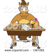 Vector Illustration of a Cartoon Stallion School Mascot Student Taking a Quiz at a Desk by Mascot Junction