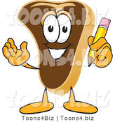 Vector Illustration of a Cartoon Steak Mascot Holding a Pencil by Mascot Junction