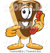 Vector Illustration of a Cartoon Steak Mascot Holding and Pointing to a Red Phone by Mascot Junction