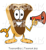 Vector Illustration of a Cartoon Steak Mascot Preparing to Make an Announcement with a Red Megaphone Bullhorn by Mascot Junction