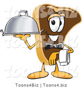 Vector Illustration of a Cartoon Steak Mascot Serving a Dinner Platter While Waiting Tables by Toons4Biz