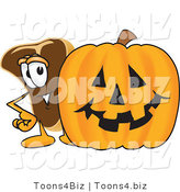 Vector Illustration of a Cartoon Steak Mascot Standing by a Halloween Pumpkin by Mascot Junction