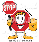 Vector Illustration of a Cartoon Stop Sign Mascot Holding a Sign by Toons4Biz