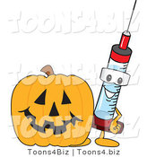 Vector Illustration of a Cartoon Syringe Mascot by a Halloween Pumpkin by Mascot Junction