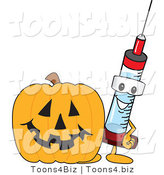 Vector Illustration of a Cartoon Syringe Mascot by a Halloween Pumpkin by Toons4Biz