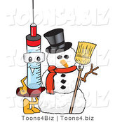 Vector Illustration of a Cartoon Syringe Mascot by a Snowman by Mascot Junction