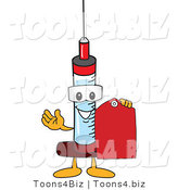 Vector Illustration of a Cartoon Syringe Mascot Holding a Red Tag by Toons4Biz