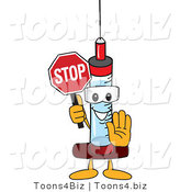 Vector Illustration of a Cartoon Syringe Mascot Holding a Stop Sign by Toons4Biz