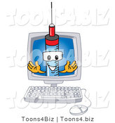 Vector Illustration of a Cartoon Syringe Mascot in a Computer Screen by Mascot Junction