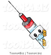 Vector Illustration of a Cartoon Syringe Mascot Looking Around a Blank Sign by Toons4Biz