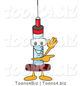 Vector Illustration of a Cartoon Syringe Mascot Waving and Pointing by Toons4Biz