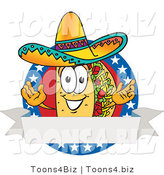 Vector Illustration of a Cartoon Taco Mascot over a Blank White Banner on an American Themed Business Logo by Mascot Junction