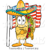 Vector Illustration of a Cartoon Taco Mascot Pledging Allegiance to an American Flag by Mascot Junction