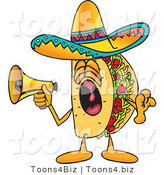 Vector Illustration of a Cartoon Taco Mascot Screaming into a Megaphone by Mascot Junction