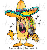 Vector Illustration of a Cartoon Taco Mascot Singing Loud into a Microphone by Toons4Biz