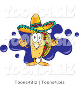 Vector Illustration of a Cartoon Taco Mascot Standing in Front of a Blue Paint Splatter on a Business Logo by Mascot Junction
