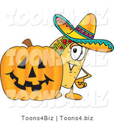 Vector Illustration of a Cartoon Taco Mascot with a Carved Halloween Pumpkin by Mascot Junction