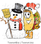 Vector Illustration of a Cartoon Taco Mascot with a Snowman on Christmas by Mascot Junction