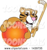 Vector Illustration of a Cartoon Tiger Cub Mascot Grabbing a Hockey Ball and Holding a Stick by Mascot Junction