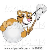 Vector Illustration of a Cartoon Tiger Cub Mascot Grabbing a Lacrosse Ball and Holding a Stick by Mascot Junction