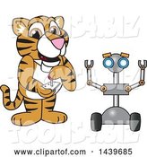 Vector Illustration of a Cartoon Tiger Cub Mascot Operating a Robot by Mascot Junction