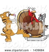 Vector Illustration of a Cartoon Tiger Cub Mascot Stepping on a Scale While a Turkey Weighs Himself by Mascot Junction