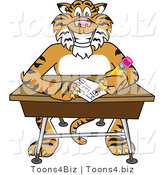 Vector Illustration of a Cartoon Tiger Mascot Doing Homework at a Desk by Mascot Junction
