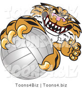 Vector Illustration of a Cartoon Tiger Mascot Grabbing a Volleyball by Mascot Junction