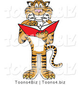 Vector Illustration of a Cartoon Tiger Mascot Reading by Mascot Junction