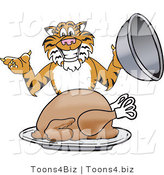 Vector Illustration of a Cartoon Tiger Mascot Serving a Thanksgiving Turkey by Mascot Junction