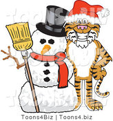 Vector Illustration of a Cartoon Tiger Mascot with a Snowman by Mascot Junction