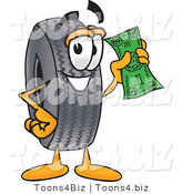 Vector Illustration of a Cartoon Tire Mascot Holding a Dollar Bill by Mascot Junction