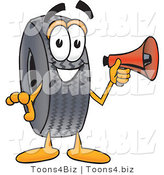 Vector Illustration of a Cartoon Tire Mascot Holding a Megaphone by Mascot Junction