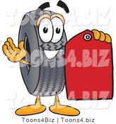 Vector Illustration of a Cartoon Tire Mascot Holding a Red Sales Price Tag by Mascot Junction