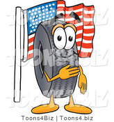 Vector Illustration of a Cartoon Tire Mascot Pledging Allegiance to an American Flag by Mascot Junction