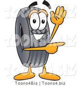 Vector Illustration of a Cartoon Tire Mascot Waving and Pointing by Toons4Biz