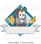Vector Illustration of a Cartoon Tire Mascot with a Blank Ribbon Label by Mascot Junction