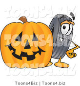 Vector Illustration of a Cartoon Tire Mascot with a Carved Halloween Pumpkin by Mascot Junction