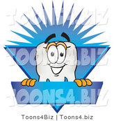 Vector Illustration of a Cartoon Tooth Mascot on a Blank Blue Business Label by Mascot Junction
