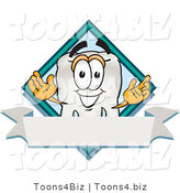 Vector Illustration of a Cartoon Tooth Mascot over a Blank White Banner on a Logo by Mascot Junction
