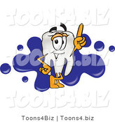 Vector Illustration of a Cartoon Tooth Mascot Pointing up and Standing in Front of a Blue Paint Splatter on a Business Logo by Toons4Biz