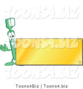 Vector Illustration of a Cartoon Toothbrush Logo Mascot with a Blank Gold Plaque by Mascot Junction