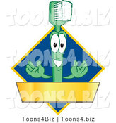 Vector Illustration of a Cartoon Toothbrush Logo Mascot with a Gold Banner on a Blue Diamond by Mascot Junction