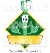 Vector Illustration of a Cartoon Toothbrush Logo Mascot with a Gold Banner on a Green Diamond by Mascot Junction