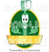 Vector Illustration of a Cartoon Toothbrush Logo Mascot with a Gold Banner on a Green Oval by Mascot Junction