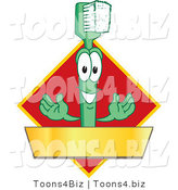 Vector Illustration of a Cartoon Toothbrush Logo Mascot with a Gold Banner on a Red Diamond by Mascot Junction