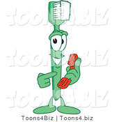 Vector Illustration of a Cartoon Toothbrush Mascot Holding a Phone by Mascot Junction