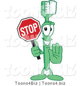 Vector Illustration of a Cartoon Toothbrush Mascot Holding a Stop Sign by Mascot Junction